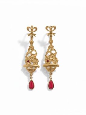 Antique Victorian Gold Floral Coral Teardrop Earrings